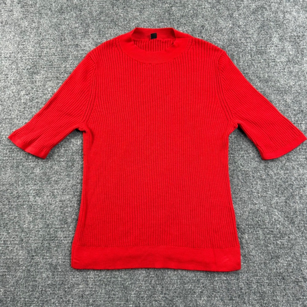 Uniqlo Sweater XL Red 100% Wool Ribbed Mock Neck Short Sleeve Women
